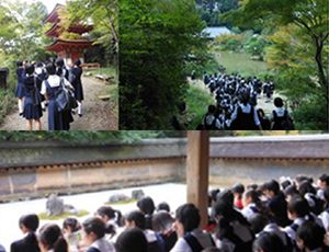 赤い三重の塔を見学し、庭園を廻って浄瑠璃寺本堂へ。 竜安寺の石庭鑑賞